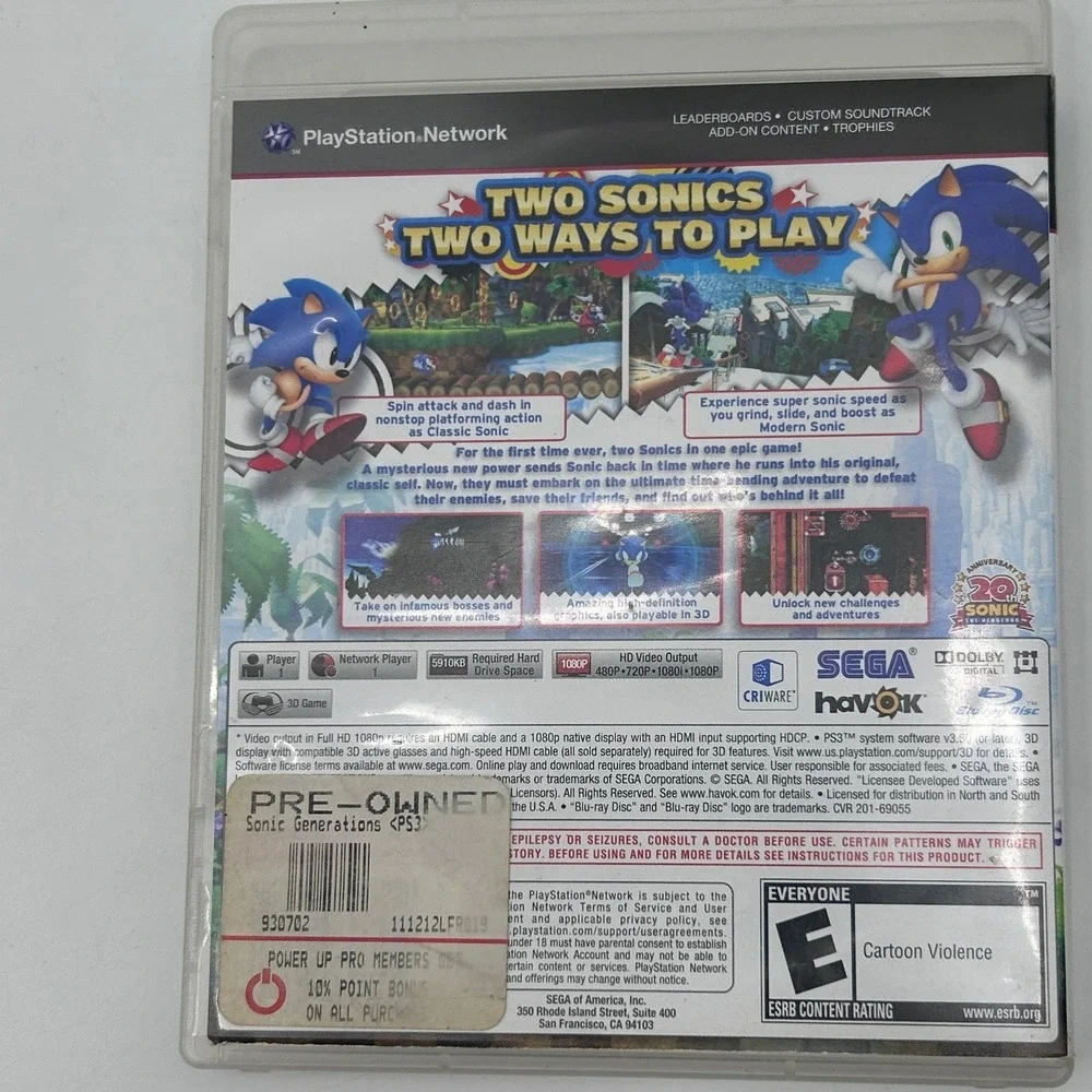 Sonic Generations Sony PlayStation 3 PS3 Game SEGA 3D Compatible BLUS-30612
